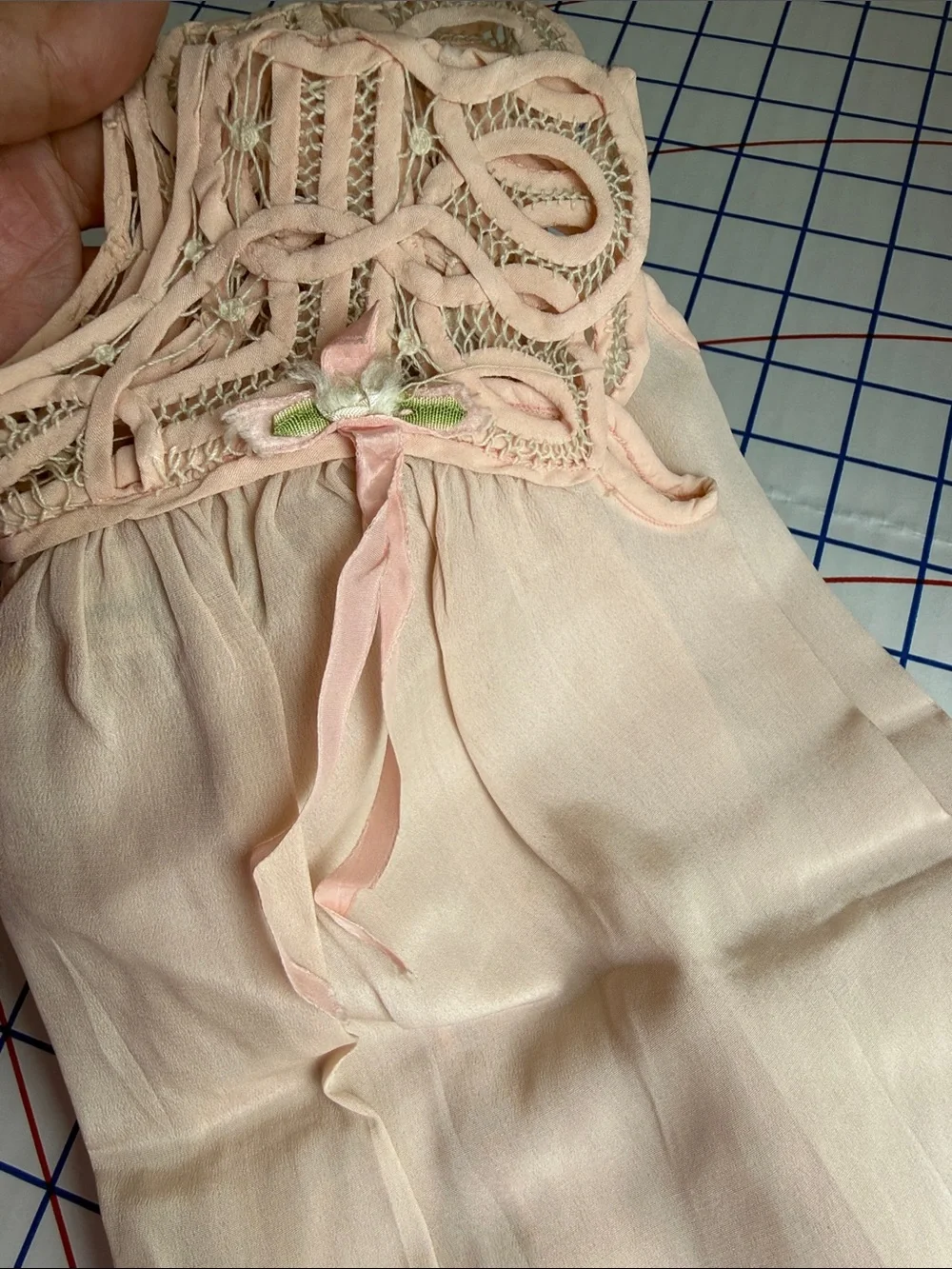 Antique c.1915–1925 Silk Baby Dress Tape Lace Pink Ribbonwork Heirloom Display